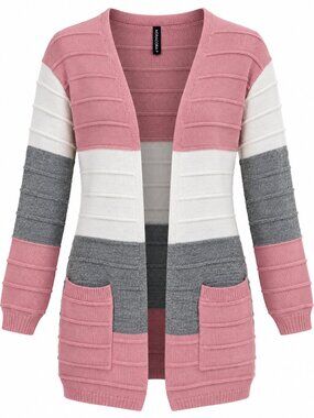 Noracora Women’s M Color Block Open Front Wool Knit Cardigan Pink Gray Cream
